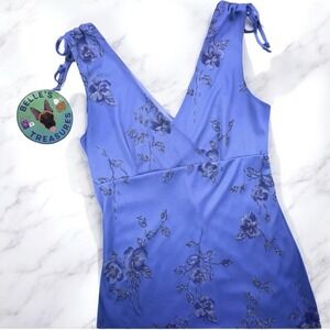 Byer Too! Medium Blue Ditsy Floral Midi Babydoll Dress Glitter 90s Y2K Fairy VTG